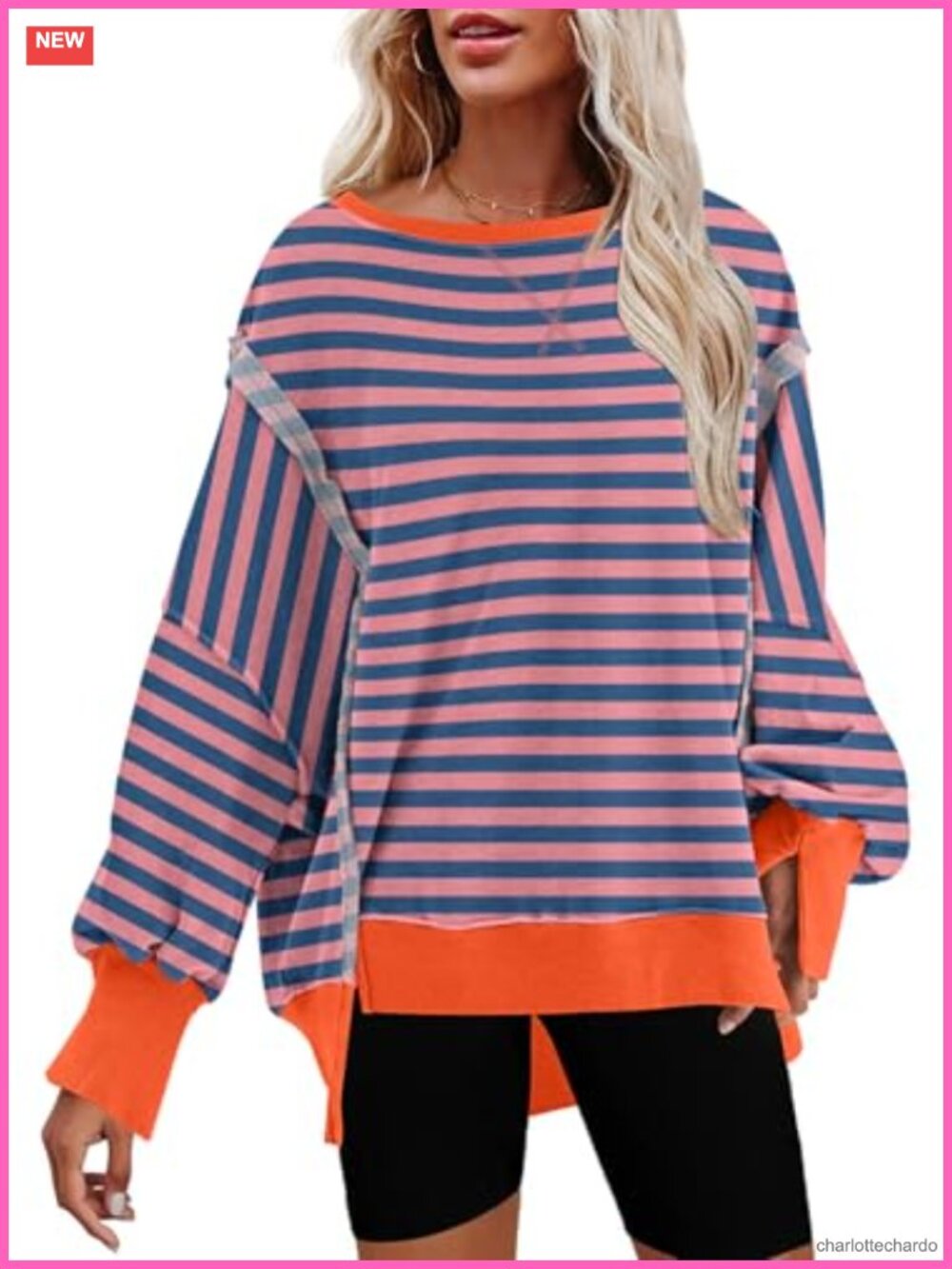 Womens Oversized Long Sleeve Reverse Seam Crewneck Sweatshirt Cotton Blend